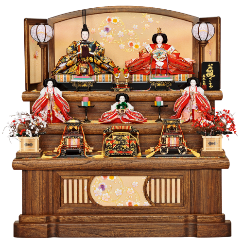 【花丸桜】　桐の台に本金通しの華やかなお人形が、紅白梅のお花で引き締まります。 手の込んだ造りの高級なお道具を使用しております。