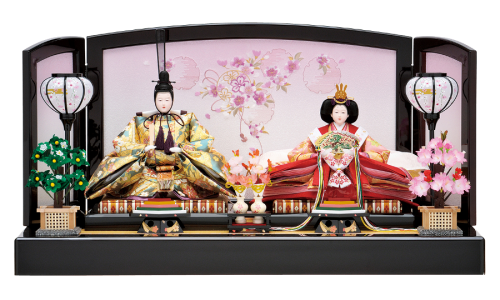 【寿】雪輪桜の刺繍が施された平飾り。煌びやかな衣裳の親王が優しい雰囲気に包まれています。